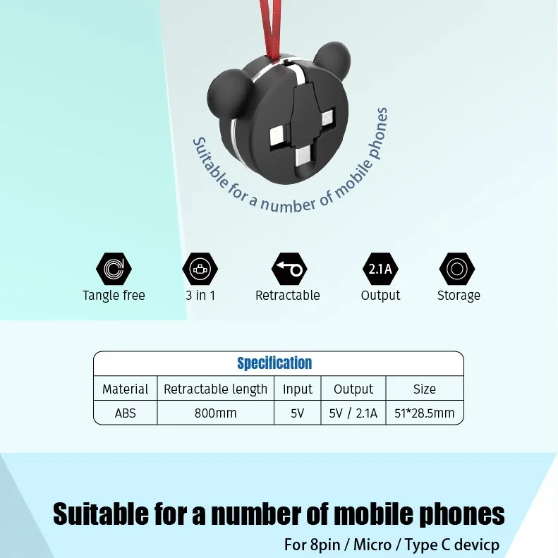 Round Shape Promotional Gigf 3 in 1 USB charging Cable with micro,type-c ,8 pin Connector - ANKUX.COM