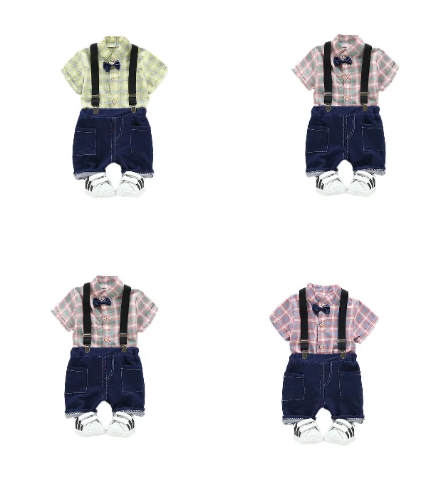 

new born baby clothes sets plaid bow tie shirt with black bib pants, As pic shows;we can according to your request also