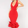 Fashion Red Women Midi Dress V Neck Spaghetti Strap Ladies Dress Front Wrap Ruffle Sexy Dress for Wholesale
