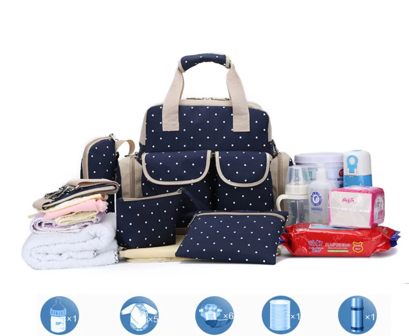 5 PcsSet Baby Diaper Bag Large Capacity Oxford Dot Nappy Backpack Waterproof Mummy Maternity Nursing Designer Mochila BB6019 (5)