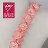 China wholesale pearl rhinestones pink flower ruffle fabric trim
