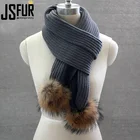 Wool Blend Knitted Winter Scarf with Real Fur Pompoms Rib Patterns Knitting Scarf with Fur Ball