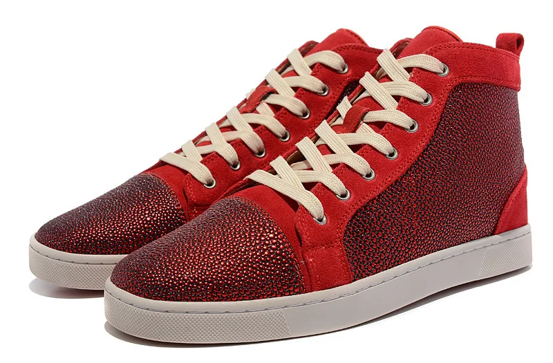 2015 Fashion Brand Women Men Red Bottom Sneakers red Rhinestone suede high top Sneaker for woman man Strass shoes Pearl leather