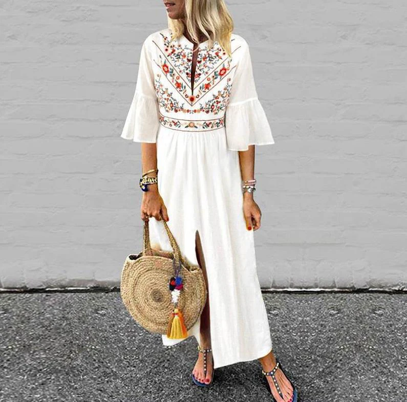 Bohemian Women Vintage Print Dress 2019 Sexy V Neck Ruffle Sleeve Split Maxi Long Dresses Plus Size Casual Loose Dress, As shown
Bohemian Women Vintage Print Dress 2019 Sexy V Neck Ruffle Sleeve Split Maxi Long Dresses Plus Size Casual Loose Dress, As shown