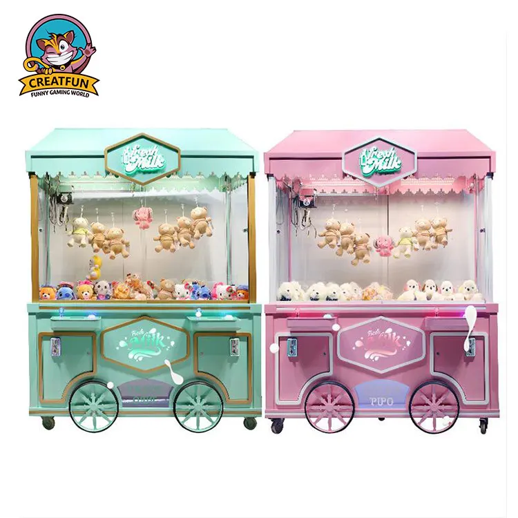 Indoor coin operated double players milk cart doll prize vending claw crane game machine 