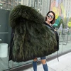 2018 Winter Warm Hooded Real Fox Army Green Fur Jacket Parka For Women