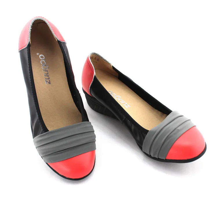 2013 fashion cowhide genuine leather color block women's shoes decoration shallow mouth single shoes round toe wedges casual