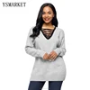 2018 Womens Knitted Sweater Bandage Cross Ties V-Neck Pullover Loose Long Sweater Slit Top Knitwear Jumper Top E27679