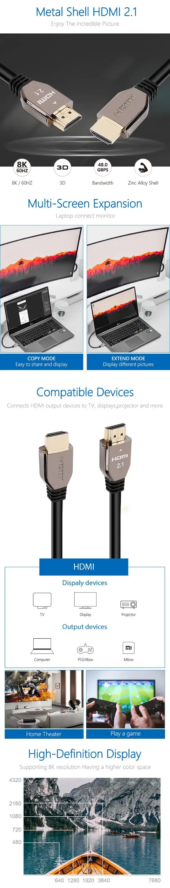 6ft Zinc Alloy Metal HDMI 2.1 Cable TV HDMI Cable 8K With Ethernet - ANKUX.COM