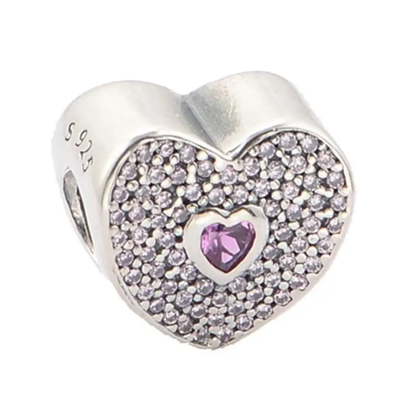 Sweetheart Charm with Fancy Pink and Pink Cubic Zirconia Authentic 925 Sterling Silver Fits Pandora Bracelets& Bangles