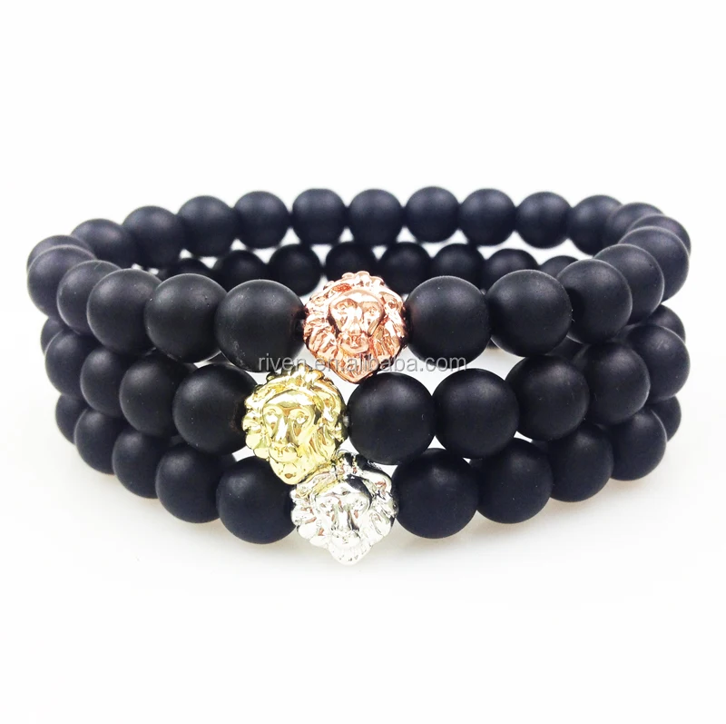 SN0353 Wholesale Gold Rose Gold Silver Plated Lion Head Bead Bracelet 8mm Matte Black Onyx Bead Bracelet Women Men Elastic Bracelet Stone Jewlery.JPG