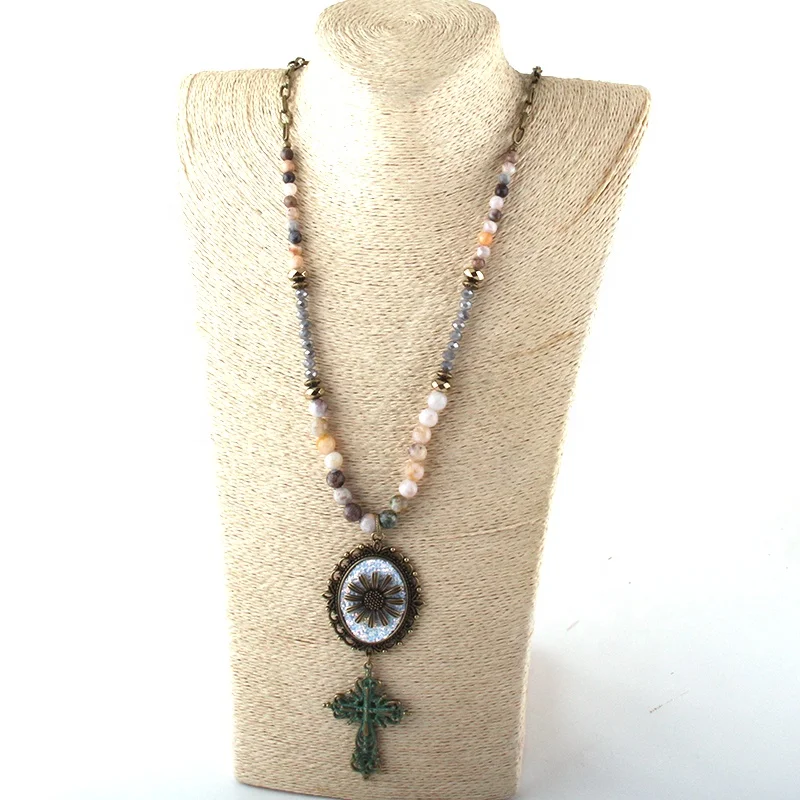 Crystal glass Metal Glitter Flower link Bronze Chain Metal Cross Pendant Necklace Bamboo agate & Amazonite Stone Necklace
Crystal glass Metal Glitter Flower link Bronze Chain Metal Cross Pendant Necklace Bamboo agate & Amazonite Stone Necklace