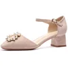 Classical Ladies Pumps Suede Straps Pearl Decorative Pointed Thick Low Heel Women'S Shoes