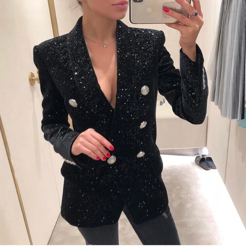 Women Front Pockests double breasted Buttons Velvet Long Sleeve One Button Winter Velvet sequins bling Blazer Jacket For Woman
Women Front Pockests double breasted Buttons Velvet Long Sleeve One Button Winter Velvet sequins bling Blazer Jacket For Woman