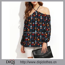 Latest custom stylish Ladies Multicolor Geometric Print Cold Shoulder Cross Back Blouse