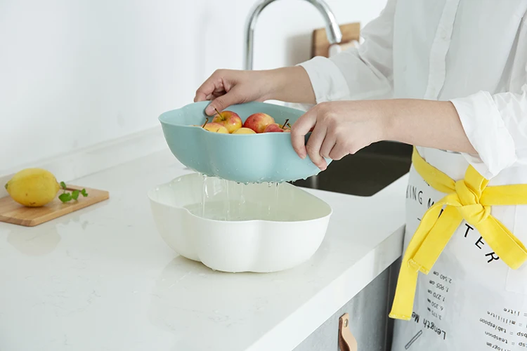 Nouveau produit en ligne panier d'égouttage sûr et facile à nettoyer bac à légumes outils de cuisine panier à fruits Double lavage