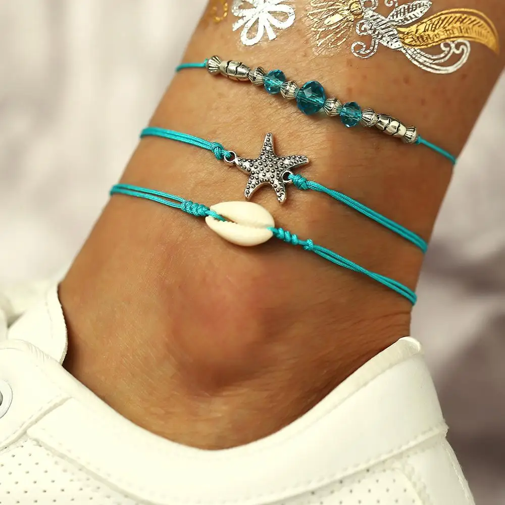 Boho Beach 3Pcs Blue Rope Bead Anklet Sea Shell Starfish Rope Anklet for Women
Boho Beach 3Pcs Blue Rope Bead Anklet Sea Shell Starfish Rope Anklet for Women
