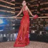 Red Lace embroidery floral Evening Dresses see through hollow out sexy Elegant Women Formal Dresses Long evening party Gown