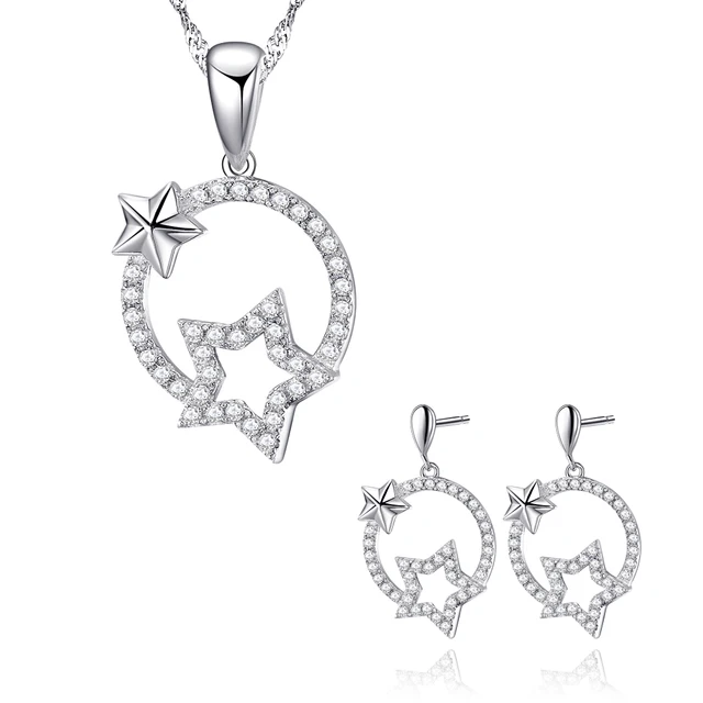 shiny star shaped pendant necklace and stud earring cubic