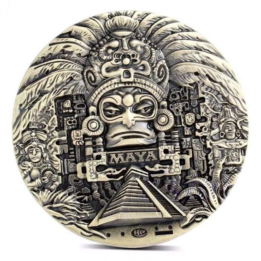 Enorme Maya Aztec Statua 3d Moneta Commemorativa Maya Civiltà In America Messico Stereoscopico, Maya Moneta di Rame Messicano Guerra Monete