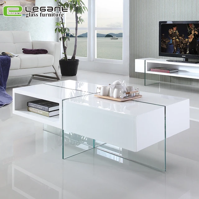 Modern living room simple glass center coffee table with wooden mdf drawer