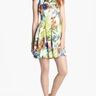 Sleeveless side zip tropical print ladies yellow floral skater dress