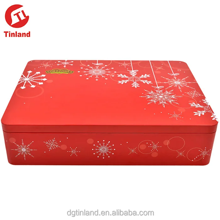 New year red custom design large package gift box oblong shape flat metal tin box