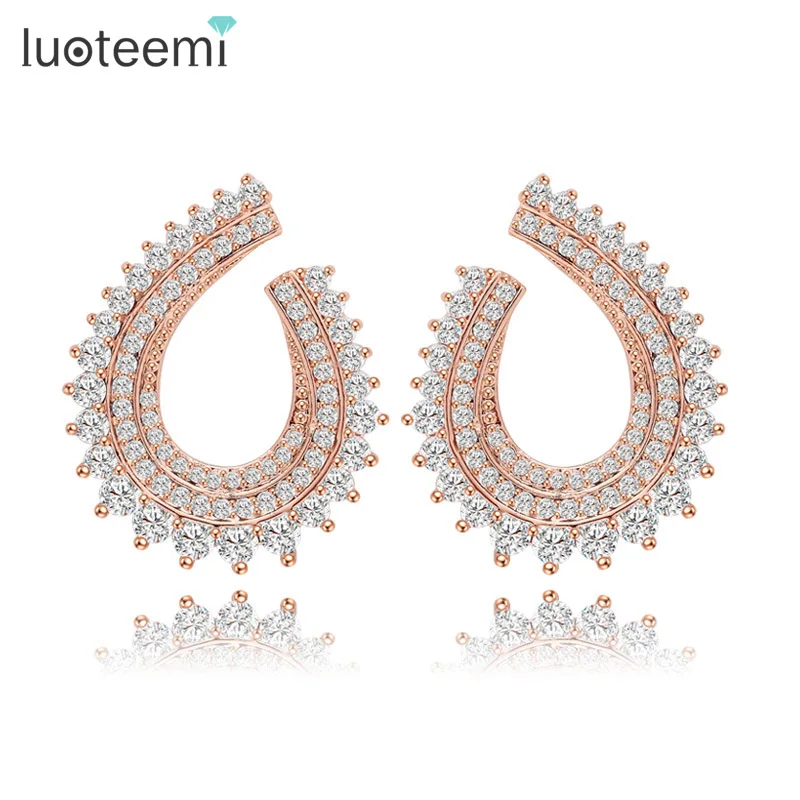 

LUOTEEMI Design Jewelry Women's Cheap Shining Fashion Rose Gold Micro Pave Setting CZ Novel Bar Party Stud Earrings Wholesale