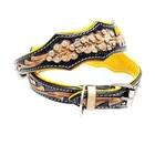 Yellow Brocade Western Style Bling Tooled Handmade Canine Inlay Leather Dog Collar with Crystal