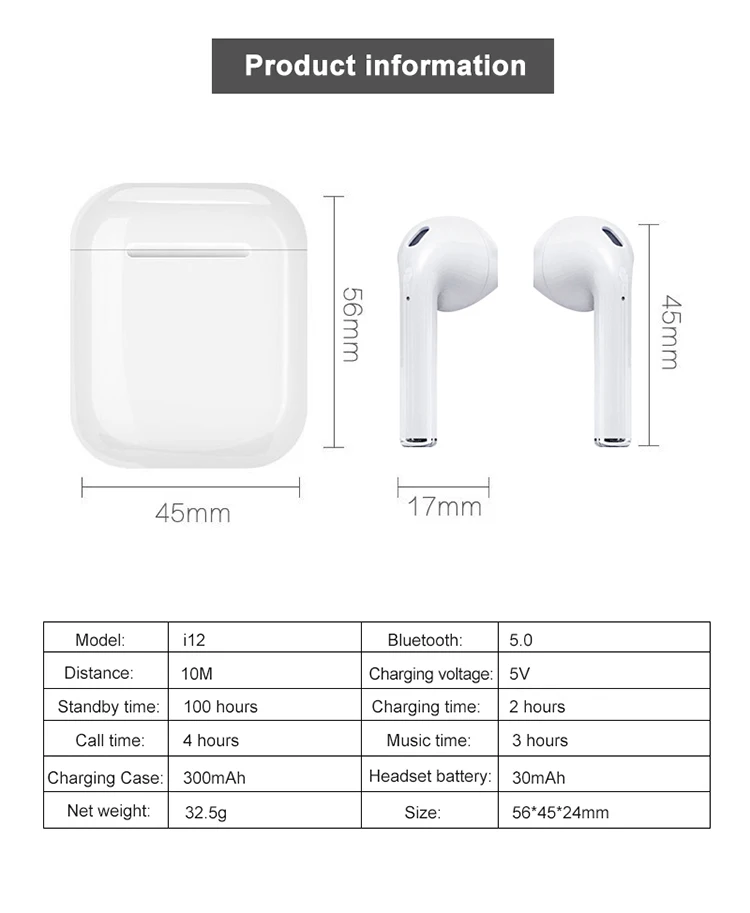 TWS-i12 earphones binaural call wireless stereo with charging box headphones sports earplugs - ANKUX.COM
