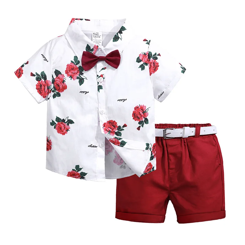 

Summer Boys Clothing Sets Children Clothing Set Kids Boy Clothes Flower Shirts + Shorts 2PCS Gentleman Suit with Bowtie Belt, As picture