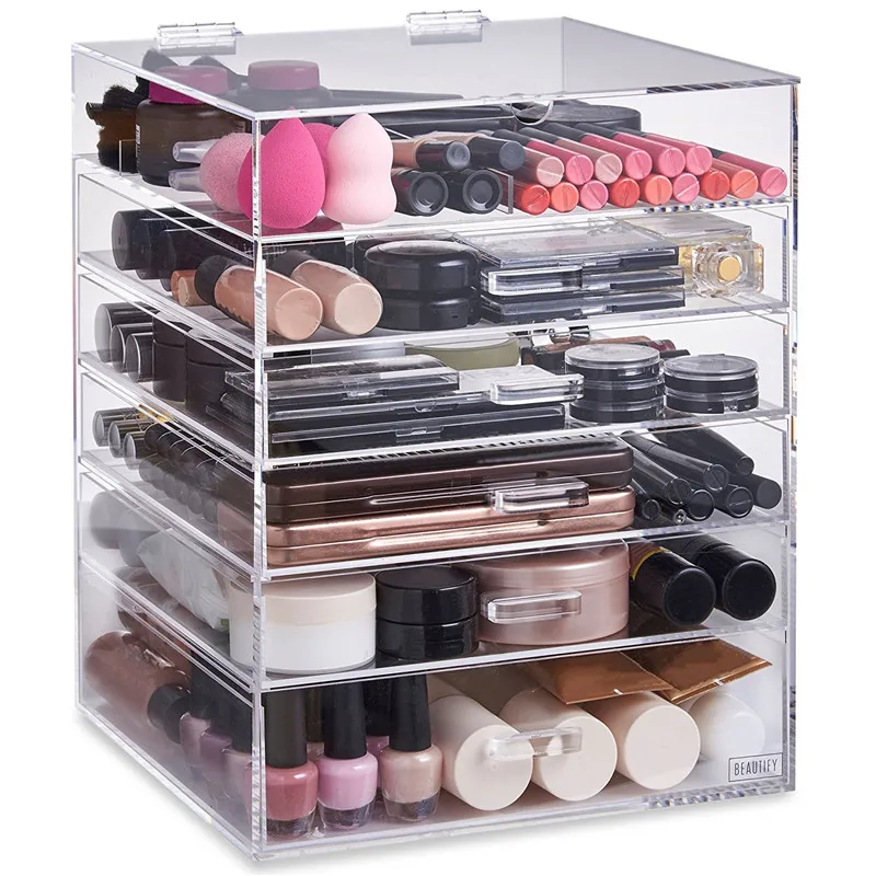 Top Seller Hinged Lid Clear Acrylic Cosmetic Cube Organizer Drawer/Large 6 Tier 5 Drawers Acrylic Makeup Storage Box