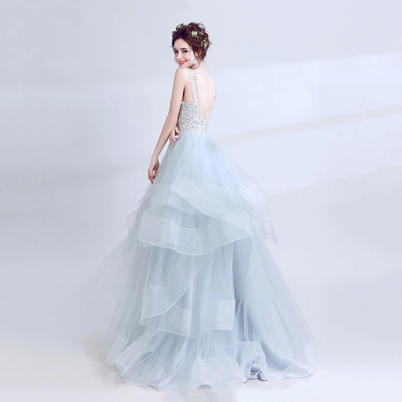 Light Blue Backless Halter Ball Gown Wedding Dress Sew On Crystal