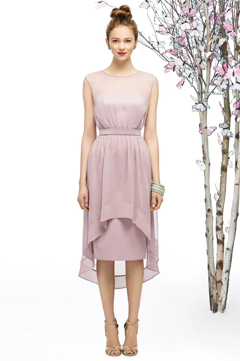 New Arrival 2014 Mid-Calf Pleated Elegant Prom Dresses Gowns Tank Chiffon High Low Bridesmaid Dresses For Weddings 2014