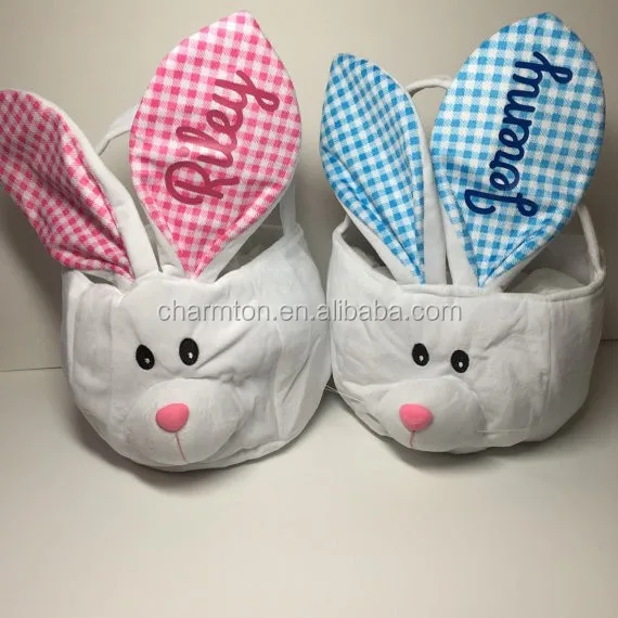 wholesale plush bunny easter basket with gingham ears
