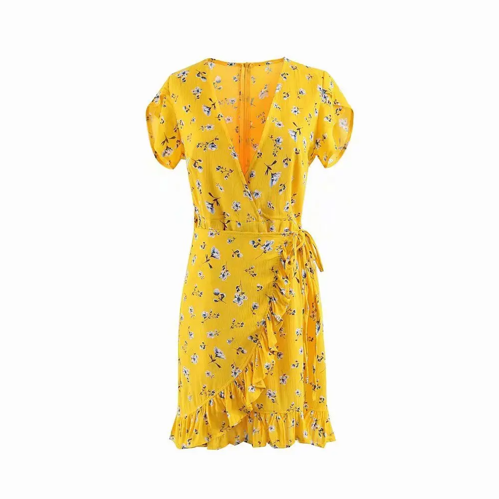 De estilo occidental de impresión de flores de color amarillo de manga corta de verano de las mujeres vestido de