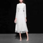 Fashion Long White Lace Joint Pleated Gauze Elegant Women Dress