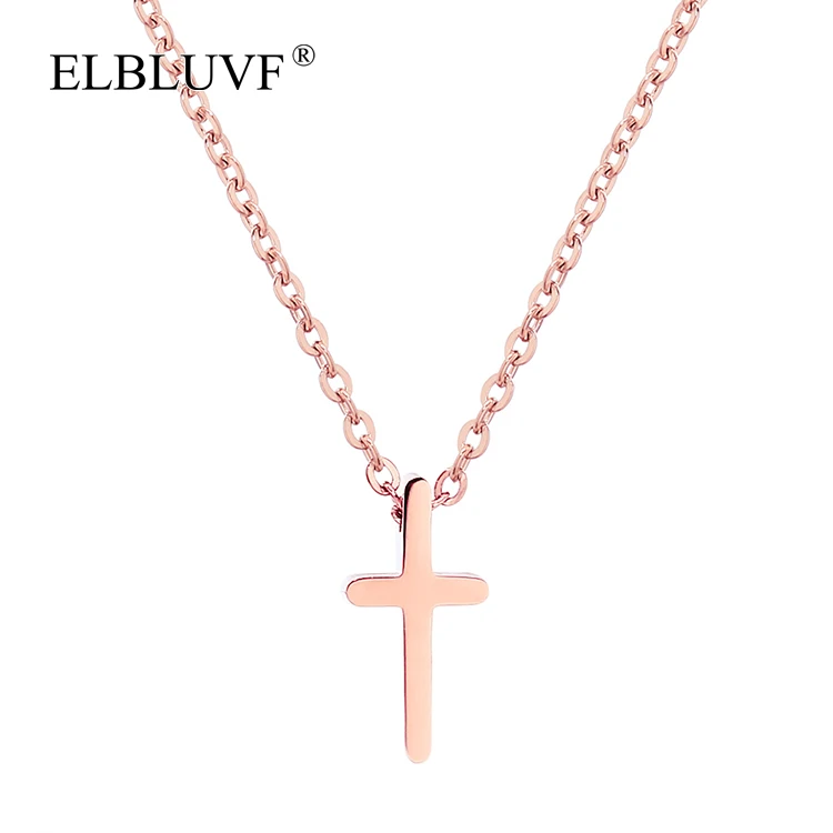 

ELBLUVF Free Shipping 18k Rose Gold Plated Stainless Steel Women Faith Religious Small Cross Pendant Necklace 18inches For Gift