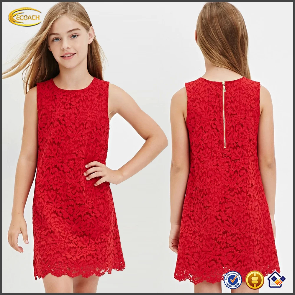 Ecoach Wholesale OEM summer girls sleeveless round neck and Exposed back zipper Floral printed Lace Shift Dress of 9 years old