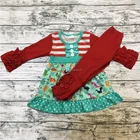Girls Christmas Costumes Wholesale Knitted Cotton Red Top Striped Pant Clothing Set Kids Set