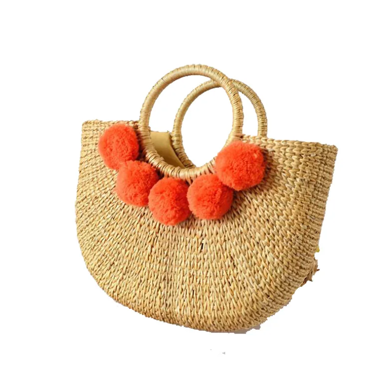 Fashionable Handmade Yellow Grass Woven Handbags Summer Beach Bag Drawstring Straw Bag with pompom balls
Fashionable Handmade Yellow Grass Woven Handbags Summer Beach Bag Drawstring Straw Bag with pompom balls