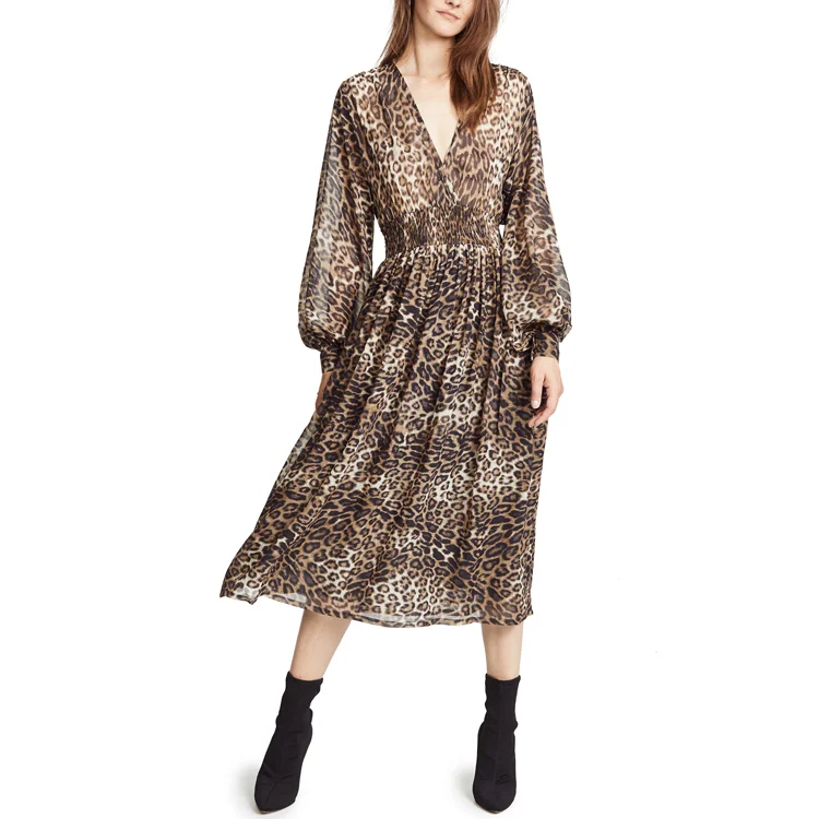 China Wholesale Woman Clothes V-neck Long Sleeve Chiffon Silk Leopard Print Party Maxi Casual Dress