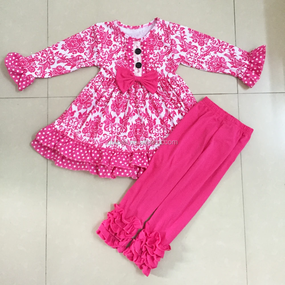 Fashion Children Clothing Wholesale Long Sleeve frock design pink Kids Dress Baby Girls Clothes set