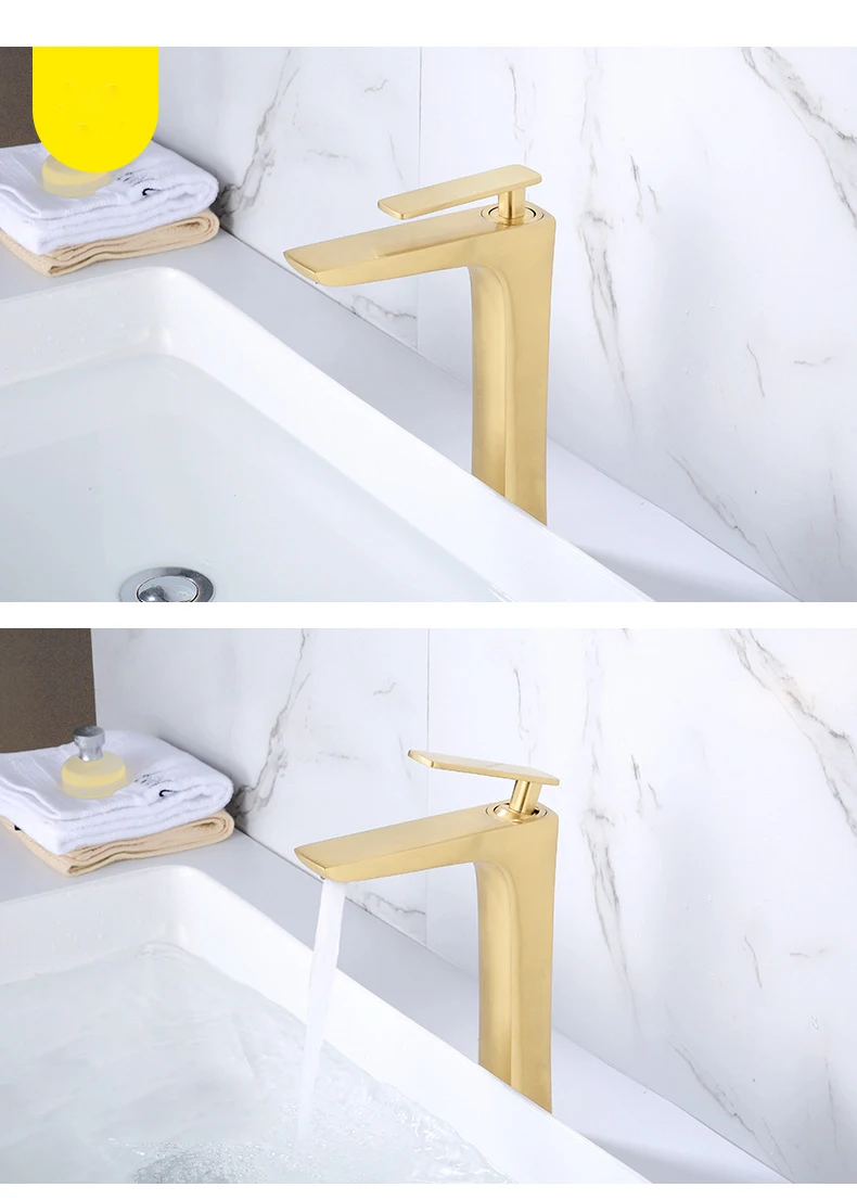 Single Lever Basin Mixer Brushed Gold Hot And Cold Water Bathroom Faucet Basin