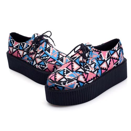 Free shipping women creepers high heel flats lace up platform shoes ladies wedge boat shoes goth punk style zapatillas mujer