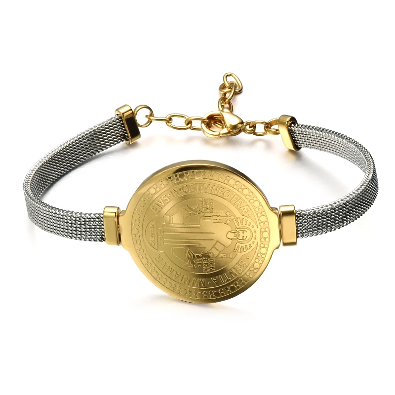 Stainless Steel Gold Religious Bangle St. Benedict Cross Stamped Net Chain Bracelet, Gold and steel
Stainless Steel Gold Religious Bangle St. Benedict Cross Stamped Net Chain Bracelet, Gold and steel