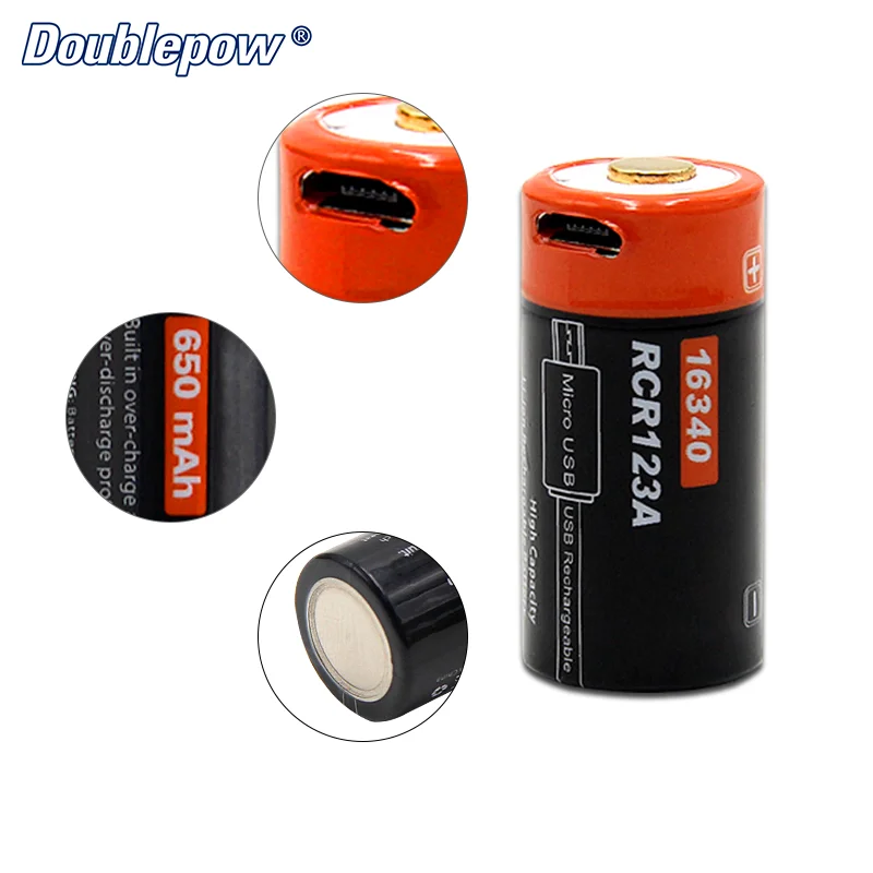 High Quality 16340 650mAh USB Li Ion Rechargeable Cylindrical Battery