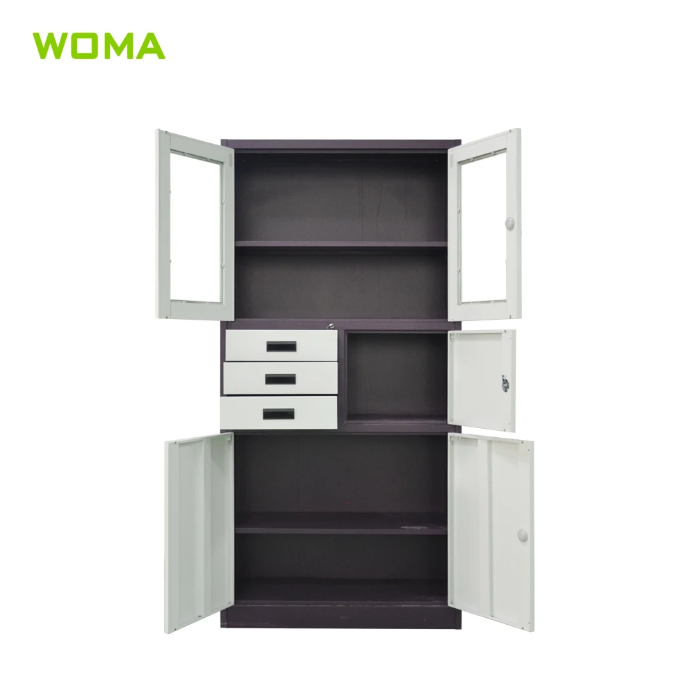 KD Metal Glass Door Storage File Cabinet Iron Cupboard With 3 Drawer