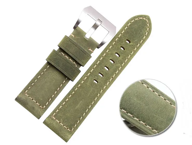 Handmade Leather Watchbands, Green Calfskin Strap, 24MM*22MM Leather Watch Band, Vintage Men Watch Band