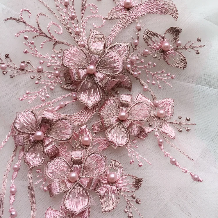 Золотой Красный 3D жемчужные цветы вышивка кружево аппликация для Свадебная вечеринка платье DIY Одежда